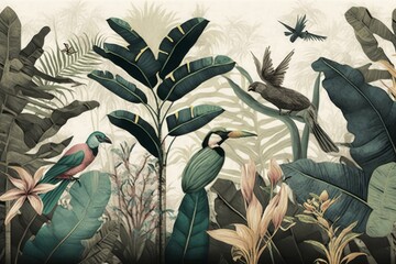 wallpaper palm tropical forest vintage jungle pattern with birds, Generative AI