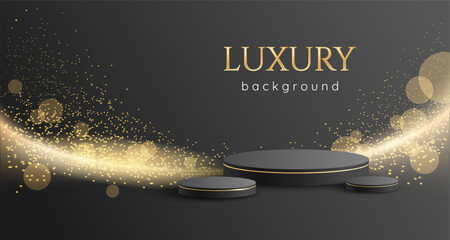 Luxury vector background with 3d podium, golden glow, sparkles and stars. Postcard, web banner, greeting, invitational premium backdrop.