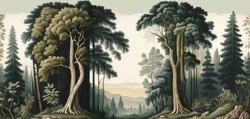 Fototapeta premium Wallpaper painted in vintage colors, a landscape pattern of the ancient European forests of trees, Generative AI