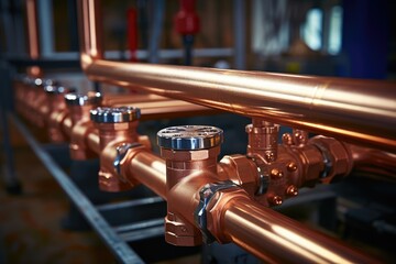 Plumbing service. Copper pipe from a heating system in the boiler room. - obrazy, fototapety, plakaty