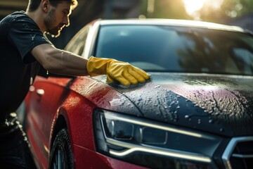 Worker washing car with car wash sponge