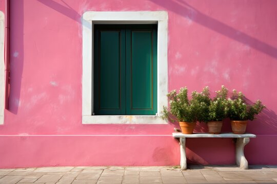 Green window in a house with a pink wall and a white bench.