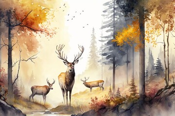 watercolor painting European forest in autumn with trees and wild flowers with deer in a landscape, Generative AI