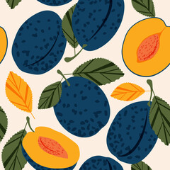 Juicy dark blue plums. Summer tropical atmosphere with fruit slices seamless pattern for modern fabrics and textiles.  © Sagittarius_13