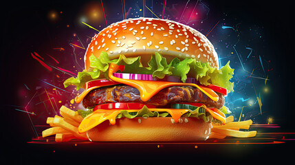 AI Generated. AI Generative. Fast food hamburger burger cheeseburger sandwich fresh fastfood menu restaurant decoration background. Graphic Art - obrazy, fototapety, plakaty