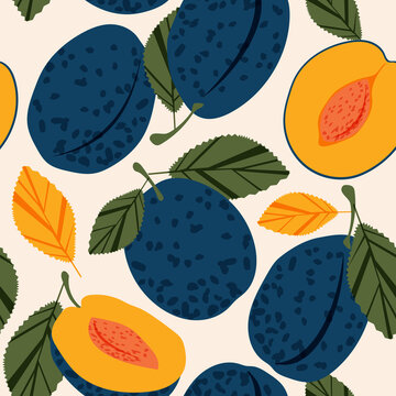 Juicy dark blue plums. Summer tropical atmosphere with fruit slices seamless pattern for modern fabrics and textiles. 