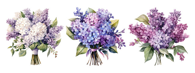 Watercolor set of lilac flowers. Generative Ai