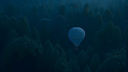 Hot air balloons on blue night sky background. Airship craft, fantasy journey, travel concept. dream concept. Hot air balloons festival in forest. Generative AI illustration
