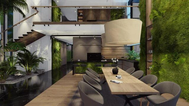 4K rendering of expensive cozy interior with green walls with living dining zone stair and kitchen for sale or rent. Warm interior lighting combined with cold light from night street