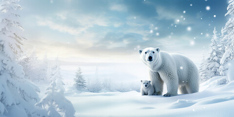 Cute polar bears in a snowy scene, with an area for your seasonal message.  - obrazy, fototapety, plakaty