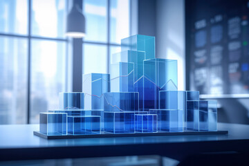Blue glass Office Charts & Financial Analysis for Corporate Success on office background, Explore global financial trends with blue charts and graphs for corporate success and profit analysis