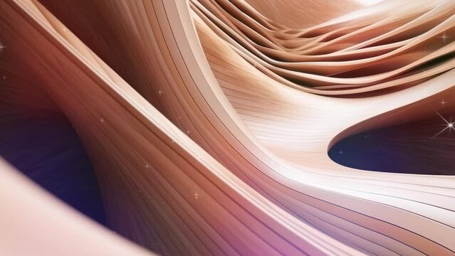 Abstract of wooden pattern, twisted shape, architecture details, Perspective of future building design, Parametric wall. 3D animation.
