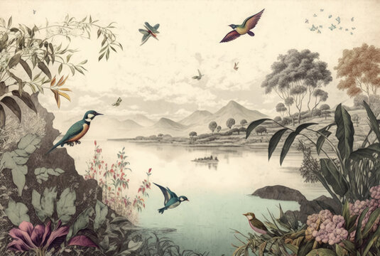 Vintage lake background with plants and birds flying and swallow in a landscape with butterflies and flowers, Generative AI