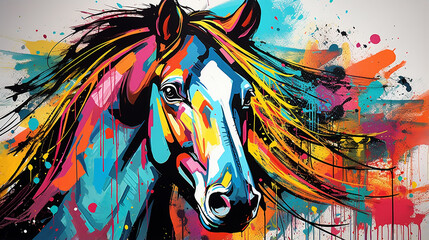 Fototapeta premium Pintura em tela de pôster de graffiti abstrato, impressão de pôster de arte pop de cavalo, arte de parede