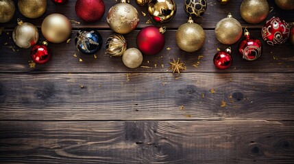 Assorted Christmas baubles and ornaments scattered on a rustic wooden background