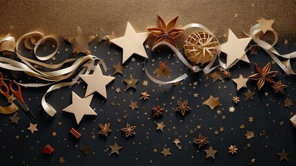 Christmas crafting materials such as ribbons, glitters, and cut-out shapes on a craft paper surface