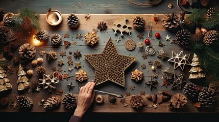 Christmas tree crafting items, from pinecones to handmade stars, on a DIY enthusiast's table.