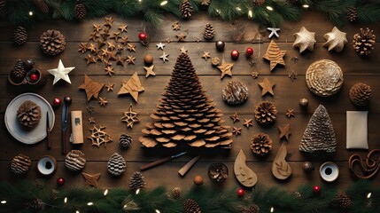 Christmas tree crafting items, from pinecones to handmade stars, on a DIY enthusiast's table.