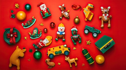Fototapeta na wymiar Christmas-themed children's toys like mini Santa figures, reindeers, and sleighs on a playful, bright-colored surface