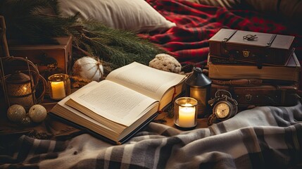 Collection of Christmas books, fairytales, and storytelling essentials on a cozy blanket background