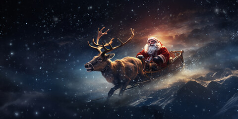 Obraz na płótnie Canvas Reindeer pulling Santa's sleigh across a starry sky, leaving room for your text.