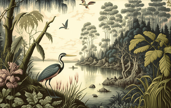 Vintage wallpaper of forest landscape with lake, plants, trees, birds, herons, butterflies and insects, Generative AI