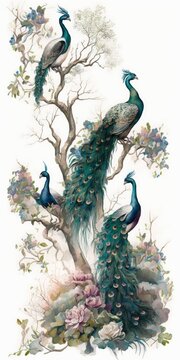 digital watercolor painting of tree branches on which peacocks stand in a landscape with flowers, Generative AI