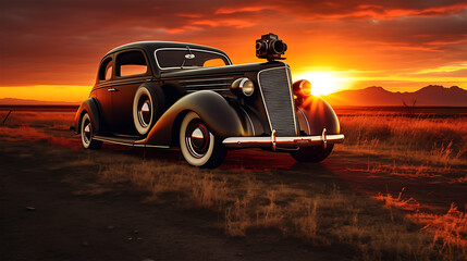 Fototapeta na wymiar Vintage car with camera on hood in desert sunset, generated art