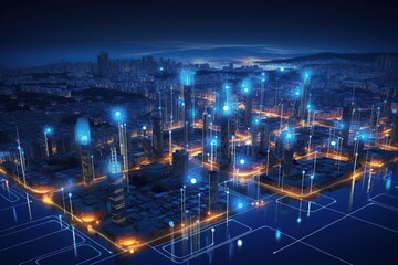 Smart city and big data connection technology, abstract line connection on night city background, communication network concept, Data storage, service, online, financial, Connectivity global