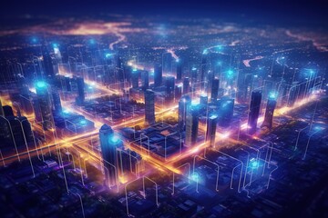 Fototapeta premium Smart city and big data connection technology, abstract line connection on night city background, communication network concept, Data storage, service, online, financial, Connectivity global