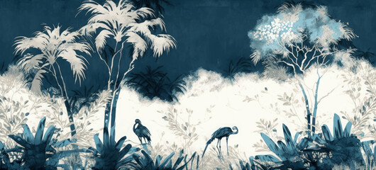 Fototapeta na wymiar Jungle Tropical Forest Palm tree Painting of white and blue mod, Generative AI