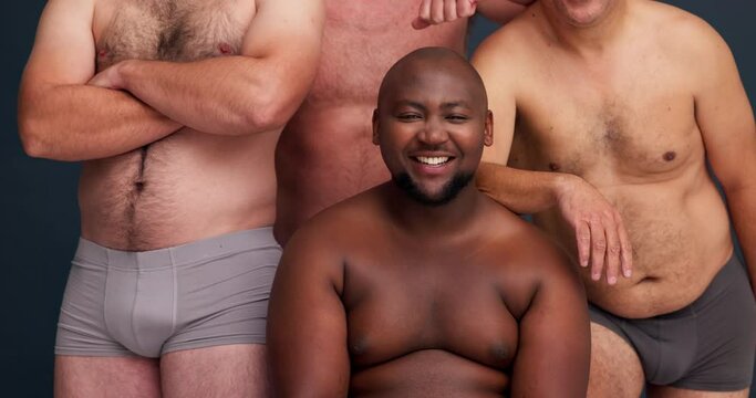 Beauty, diversity and self confidence with men in underwear in studio for skincare, health and body positivity. Support, wellness and pride with portrait of group of people on dark background