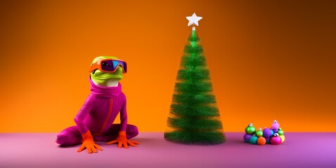 Lizard who prepared his New Year decorations to decorate the Christmas tree.
