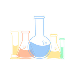 Round and flat-bottomed flasks, test tubes with solutions and reagents. Chemical reaction. Illustration on the topic of chemistry, biotechnology, biology.