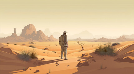 man nature desert journey trek walking landscape adventure backpack hike travel. Generative AI.