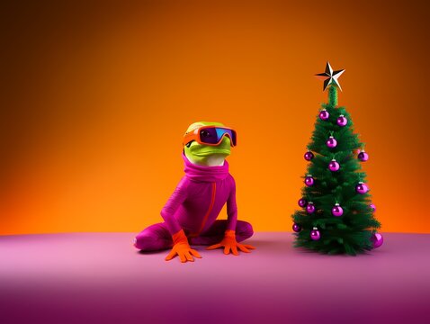 Guster, wearing orange ski goggles and a magenta roller skates, stands next to a decorated Christmas tree