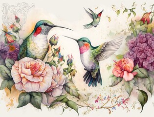 Watercolor painting pattern of a hummingbird with flowers and roses in a landscape, Generative AI