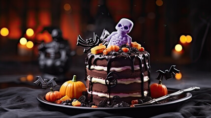 Cake homemade for Halloween. Festive food concept. Background