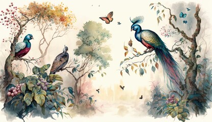 watercolor painting digital art high quality, of a forest landscape with peacock birds, butterflies and trees, Generative AI