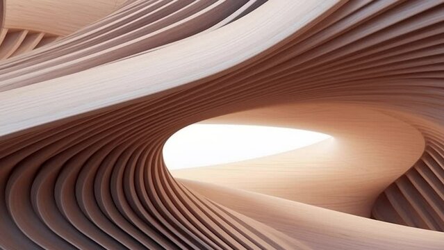 Abstract of wooden pattern, twisted shape, architecture details, Perspective of future building design, Parametric wall. 3D animation.