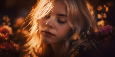 portrait of a young girl with long blond curly hair, clothing eyes 