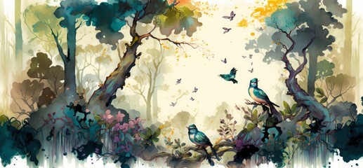 Digital watercolor painting, high quality, of a forest landscape with birds, butterflies and trees, Generative AI