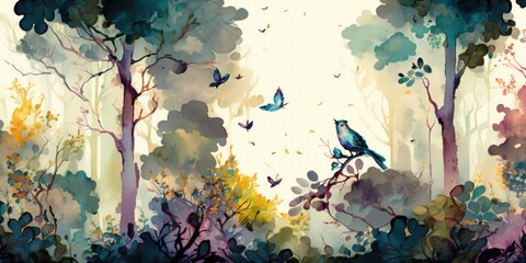 Digital watercolor painting, high quality, of a forest landscape with birds, butterflies and trees, Generative AI