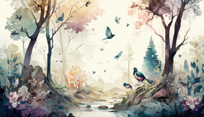 Digital watercolor painting, high quality, of a forest landscape with birds, butterflies and trees in colors consistent style, Generative AI