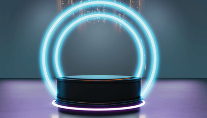 Vector Realistic cylinder pedestal podium in Sci-fi abstract room with illuminate circle neon lamp and shiny glitter in window. product display. Futuristic minimal scene high resolution.