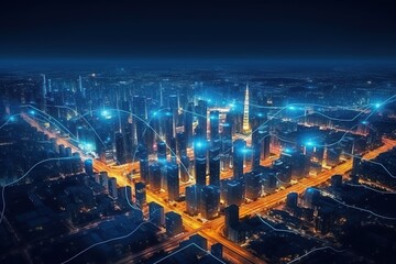 Fototapeta premium Smart city and big data connection technology, abstract line connection on night city background, communication network concept, Data storage, service, online, financial, Connectivity global