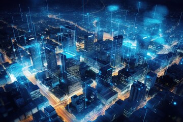 Smart city and big data connection technology, abstract line connection on night city background, communication network concept, Data storage, service, online, financial, Connectivity global - obrazy, fototapety, plakaty