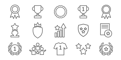 Set with award, award with number 1, one, trophy cup, trophy cup with star winner medal, trophy star, user with rating vector line icon 