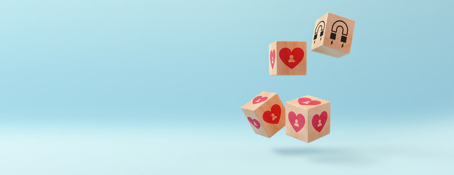 Increasing customer loyalty, Developing brand awareness, Understanding customer need, Providing value, Create relationship with customer engagement, Wooden cube with heart and customer awareness icon