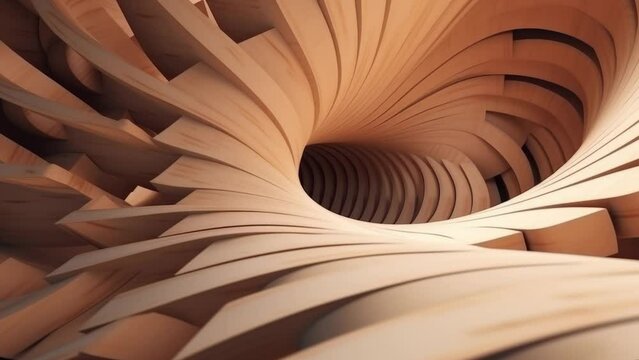 Abstract of wooden pattern, twisted shape, architecture details, Perspective of future building design, Parametric wall. 3D animation.